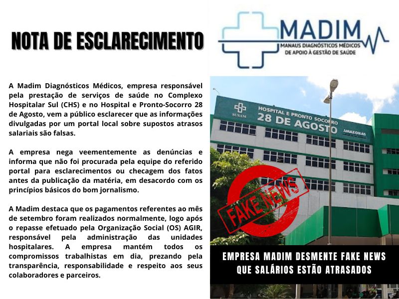 Madim desmente atraso salarial e critica divulgação de informações sem apuração prévia